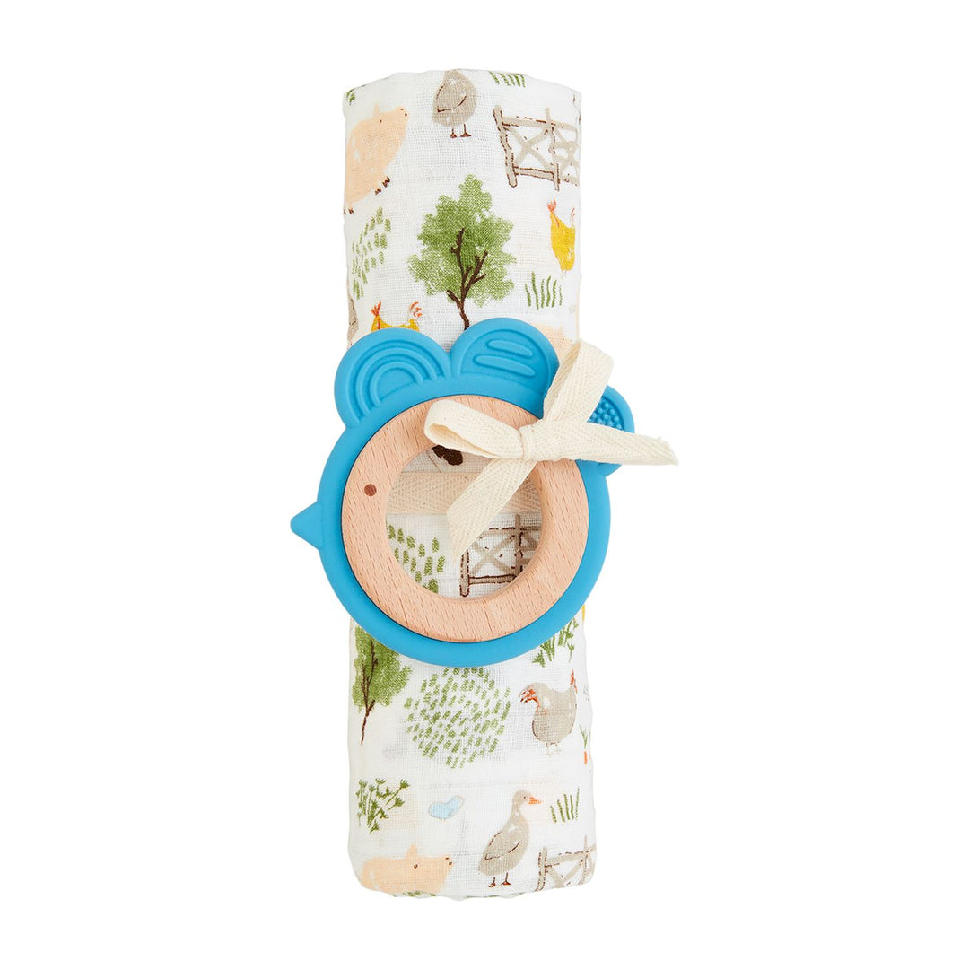 Swaddle/Teether in Blue Farm