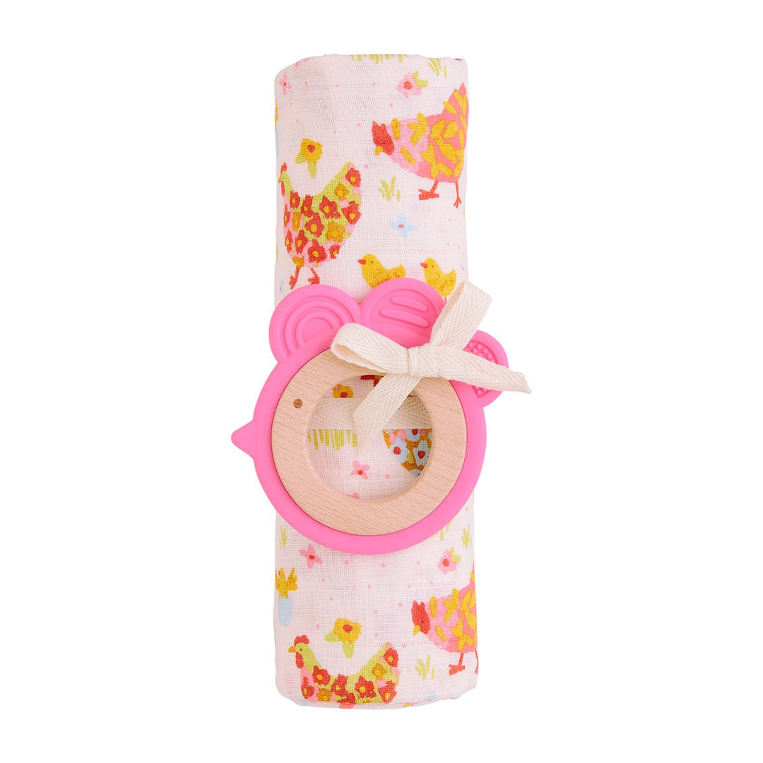 Swaddle/Teether in Pink Farm