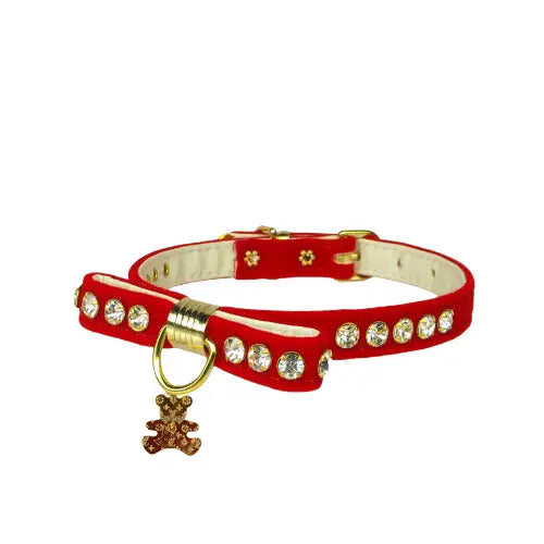 Velvet Bow Bear Charm Collar in Red - Madison's Niche 