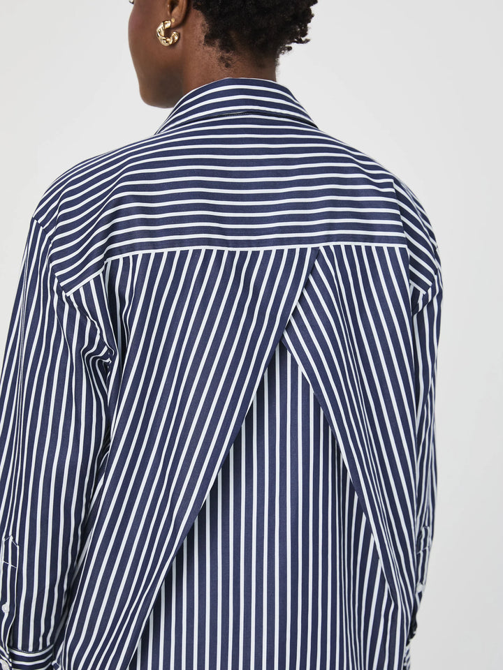 Alexis Cotton Angled Yoke Striped Shirt in Marine Summer White