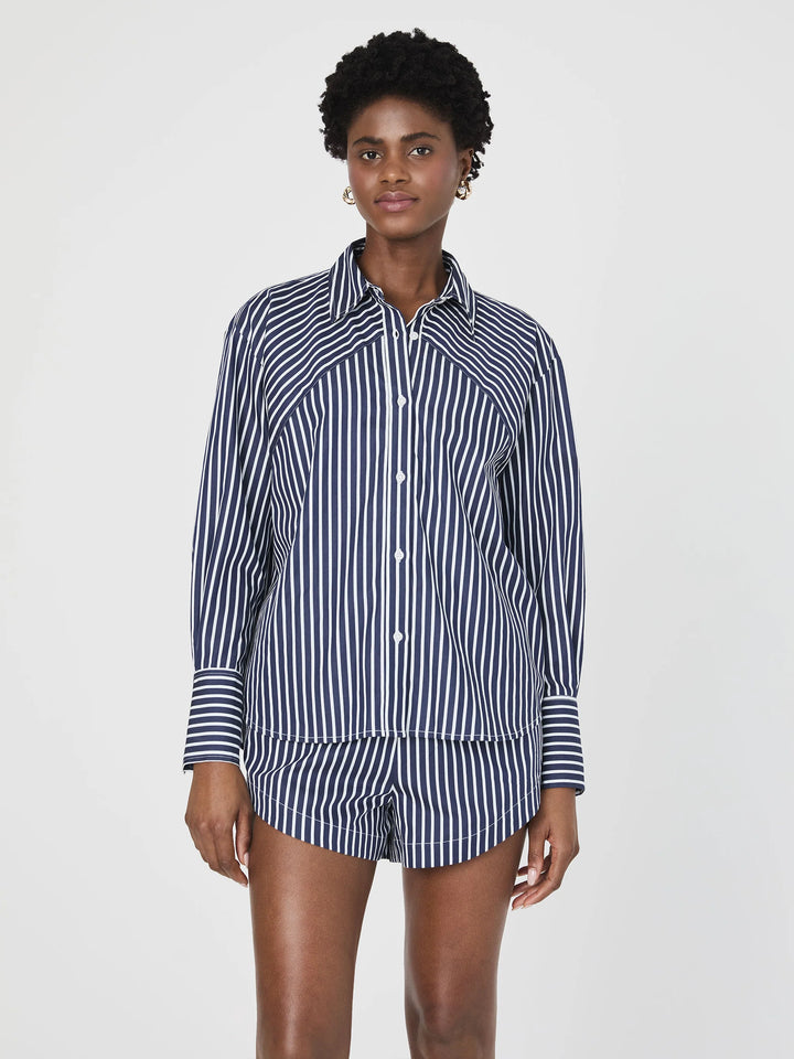 Alexis Cotton Angled Yoke Striped Shirt in Marine Summer White