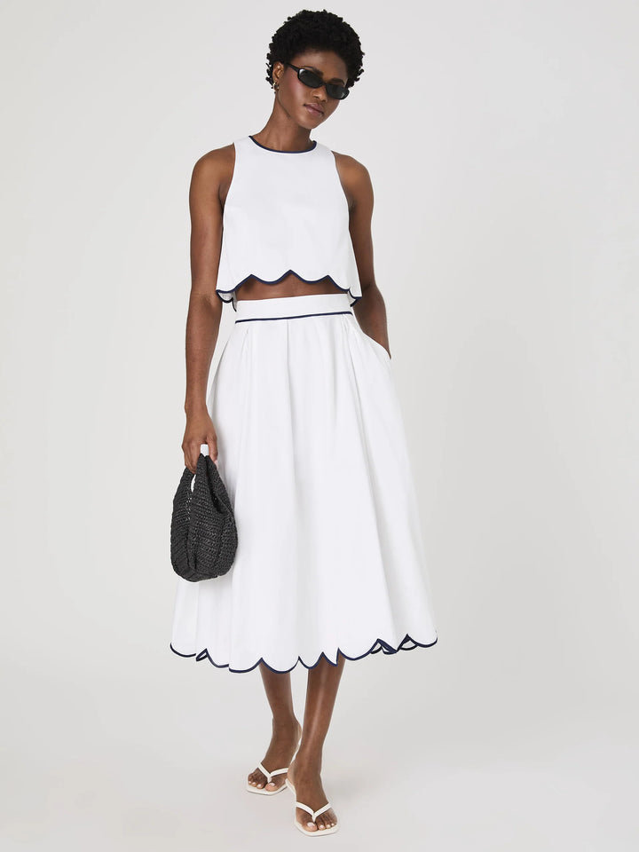 Alexis Cotton Scallop Midi Skirt in White