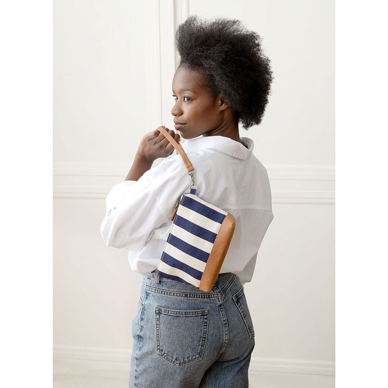 Awning Stripe Wristlet Canvas Bag in Navy