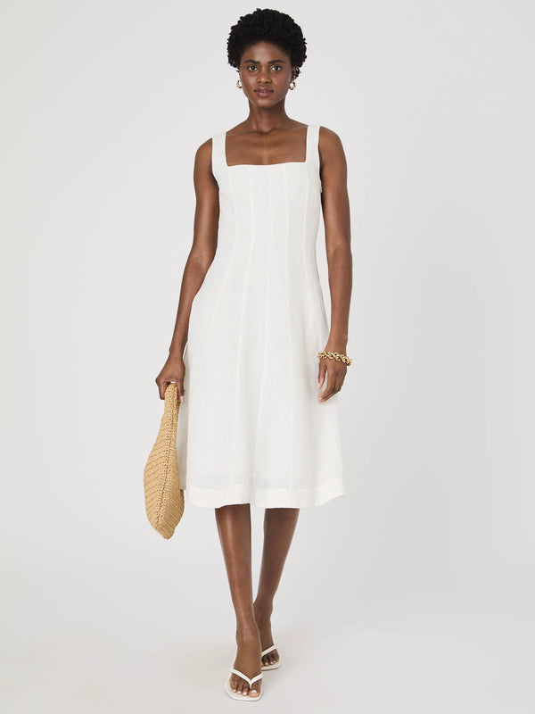 Birdie Linen Square Neck Midi Dress in Summer White Madison's Niche 