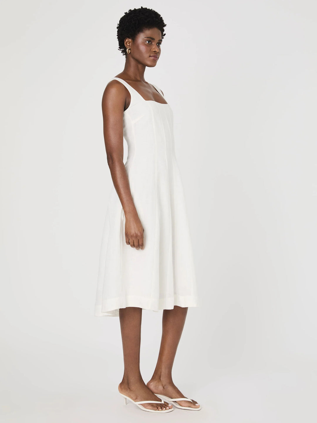 Birdie Linen Square Neck Midi Dress in Summer White