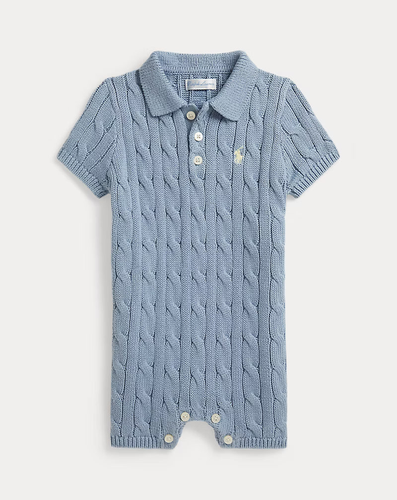 Polo Ralph Lauren Baby's Cotton Cable-Knit Shortall - Vessel Blue - Size 3 Months Polo Ralph Lauren Baby's Cotton Cable-Knit Shortall - Vessel Blue - Size 3 Months
