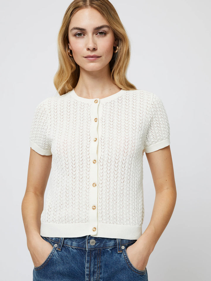 Cotton Blend Pointelle Cardigan in Cream