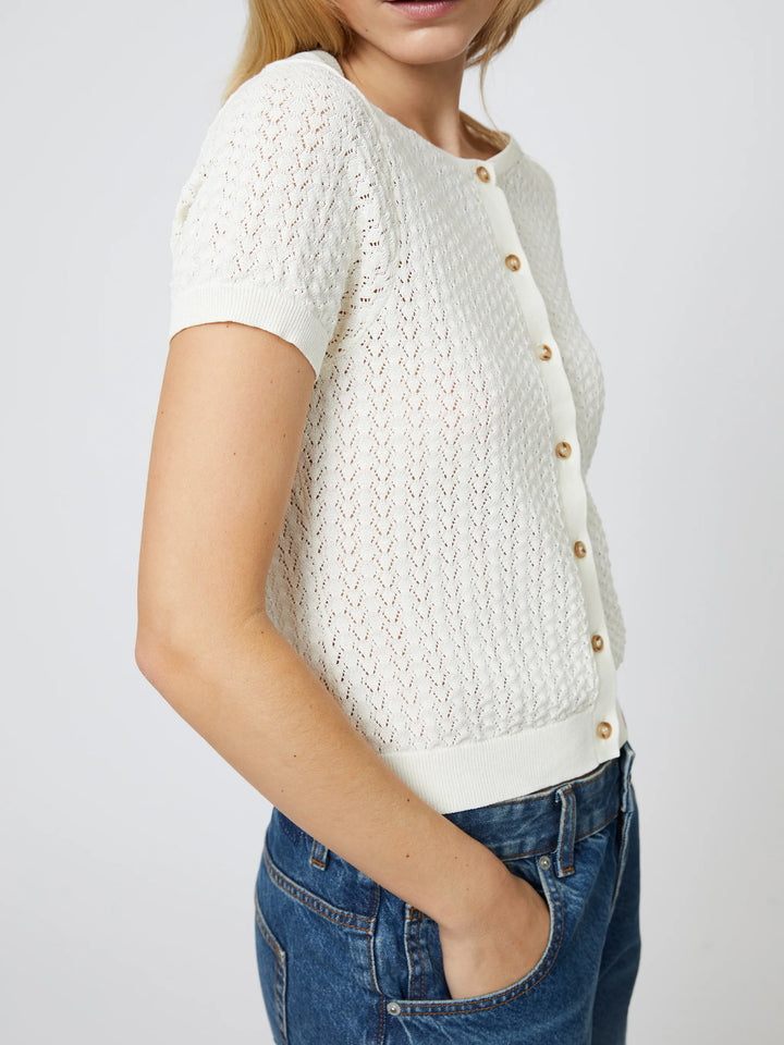 Cotton Blend Pointelle Cardigan in Cream