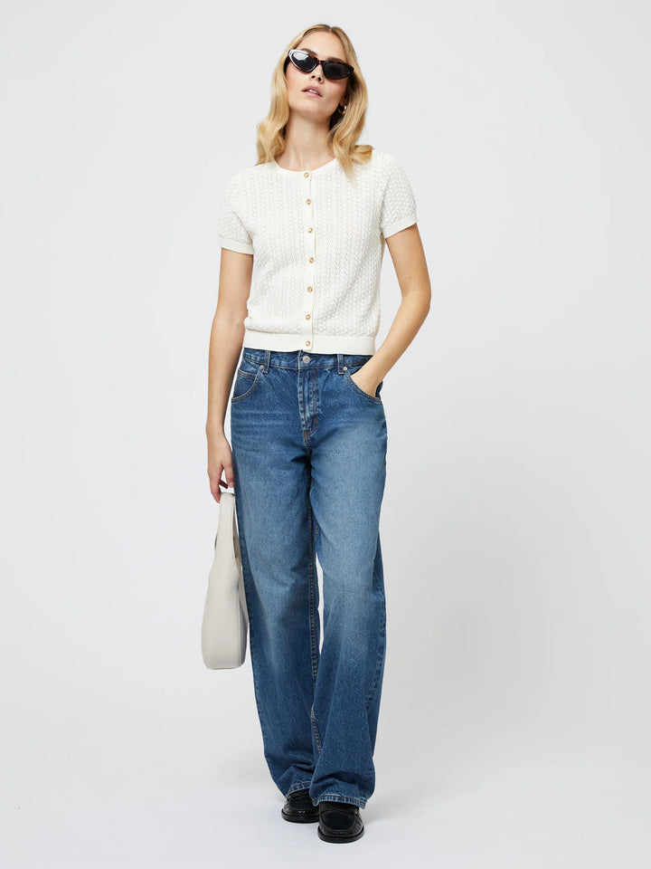 Cotton Blend Pointelle Cardigan in Cream
