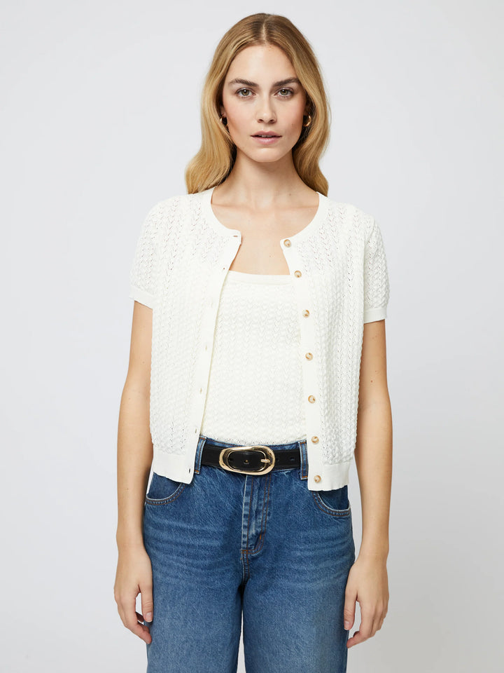 Cotton Blend Pointelle Cardigan in Cream