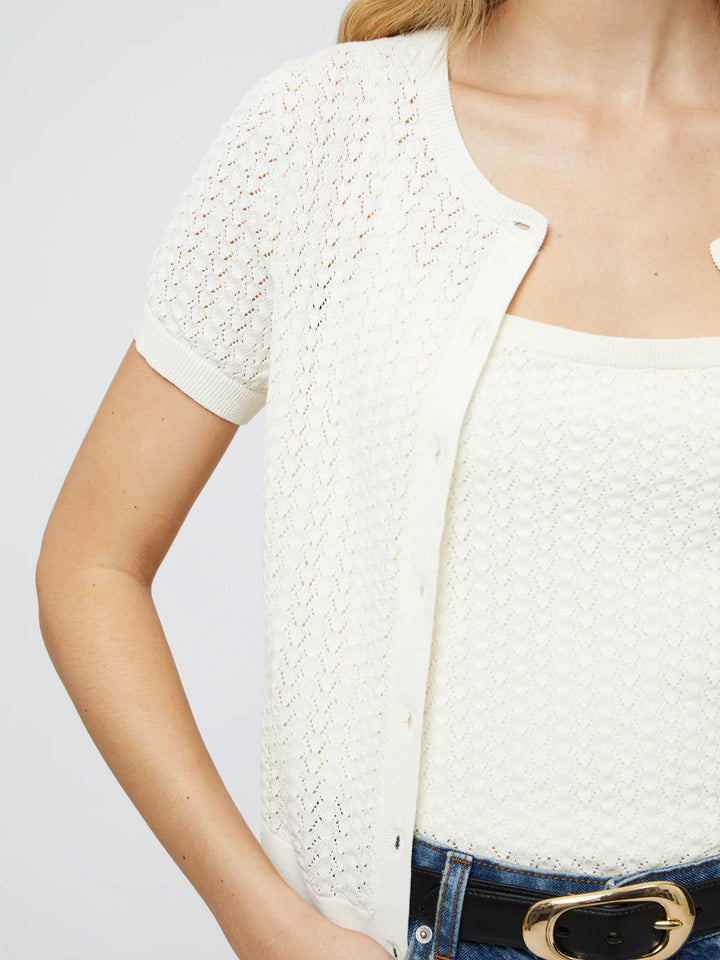Cotton Blend Pointelle Cardigan in Cream