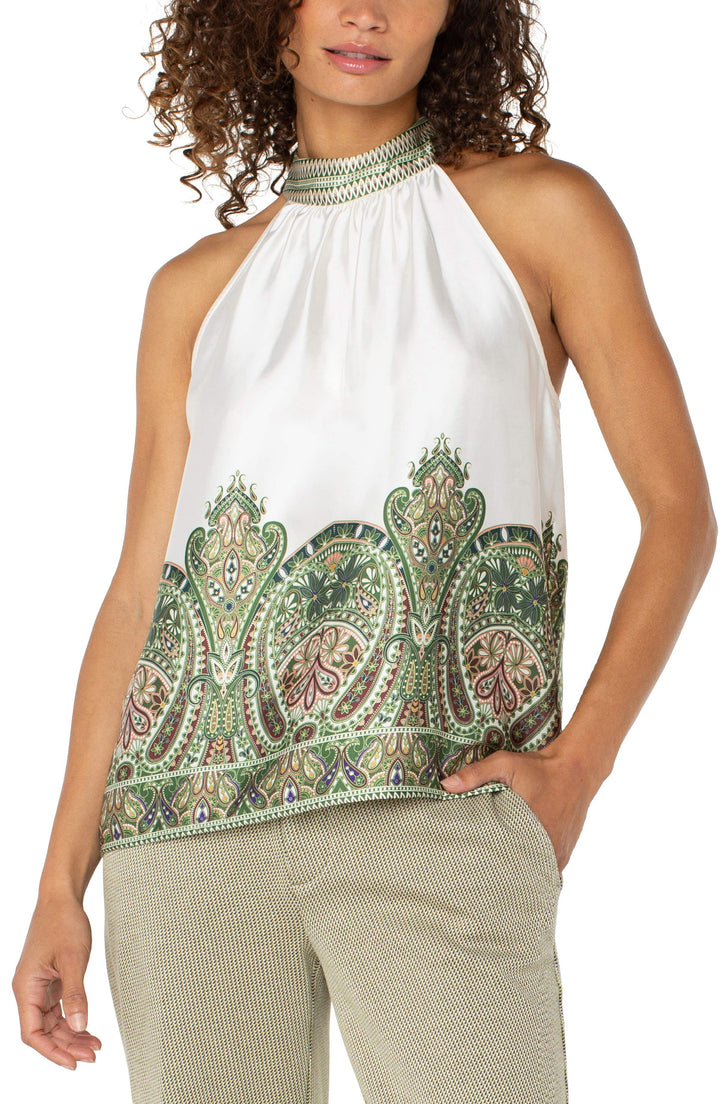 Cream Olive Paisley Print Mock Neck Halter Top