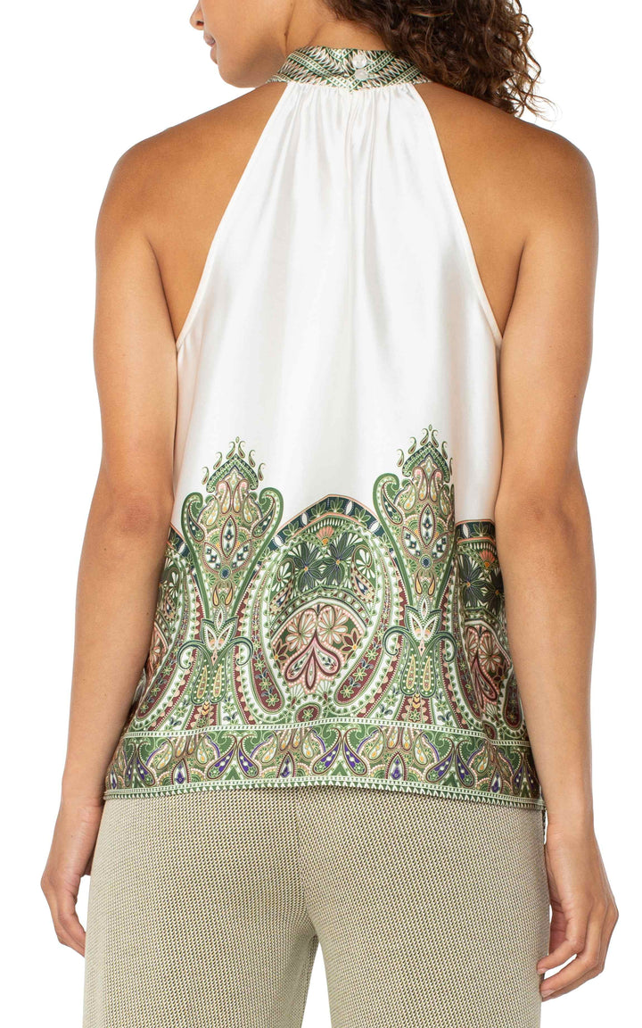 Cream Olive Paisley Print Mock Neck Halter Top