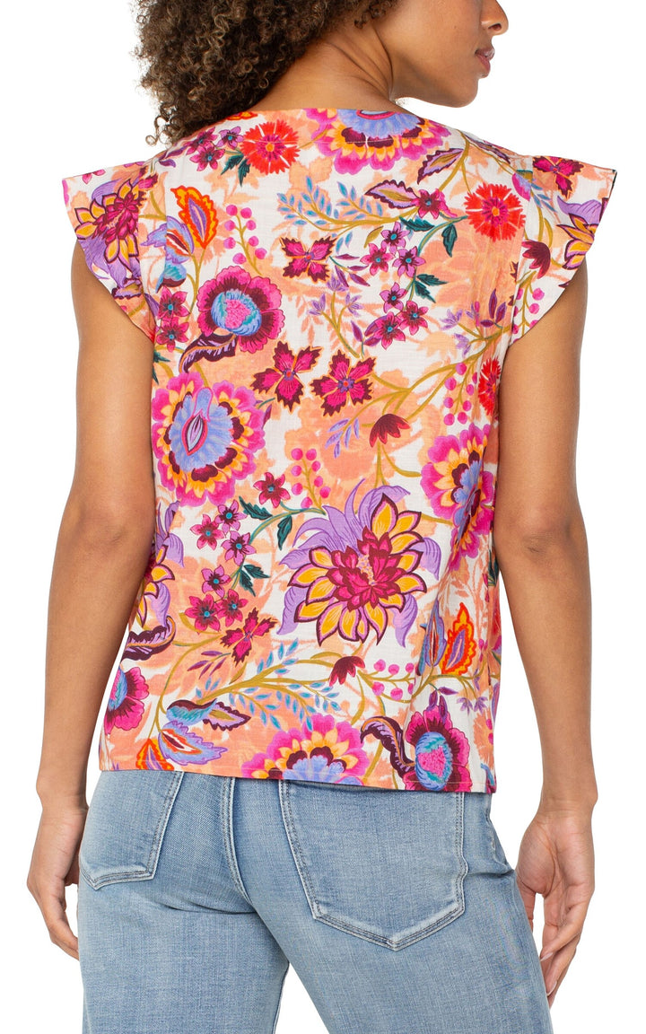 Flutter Sleeve Button Front Woven Blouse