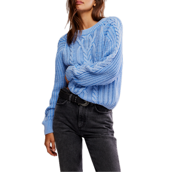 Frankie Cable Sweater in Della Robbia Blue Madison's Niche 