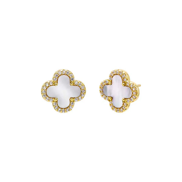 Pave Four Leaf Clover Stud Earrings in Mother o