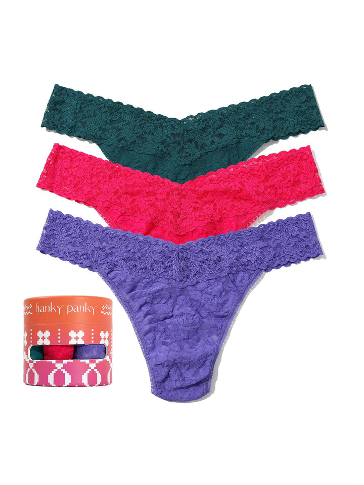 Set of 3 Signature Lace Original Thongs in Purple/Pink/Green
