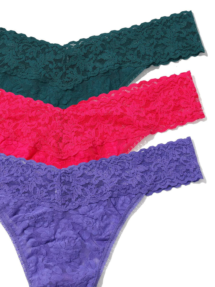 Set of 3 Signature Lace Original Thongs in Purple/Pink/Green