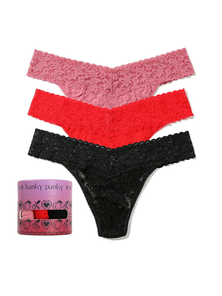 Set of 3 Signature Lace Original Thongs in Black/Red/Pink