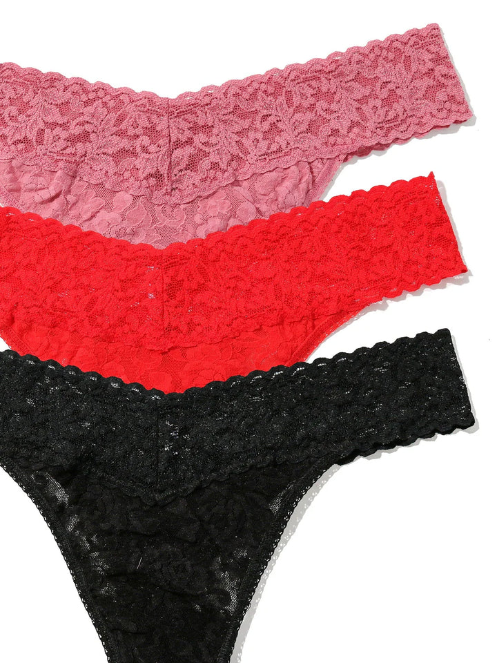 Set of 3 Signature Lace Original Thongs in Black/Red/Pink