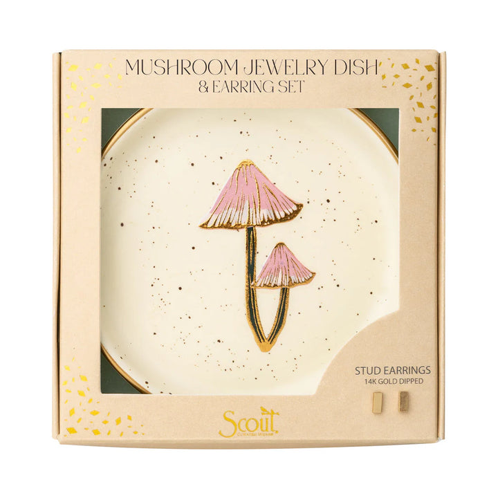 Mushroom Dish & Gold Earring Set in Oatmeal