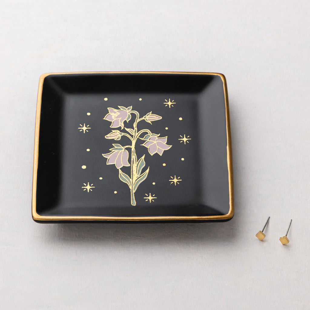 Flower Dish & Gold Earring Set in Black