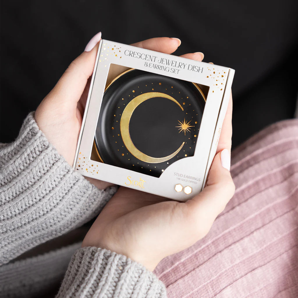 Crescent Dish & Gold Earring Set in Black