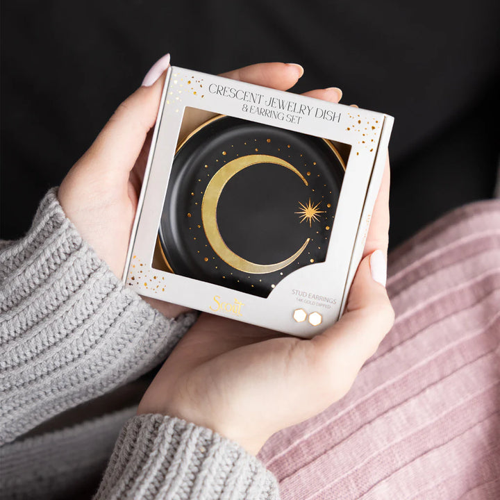 Crescent Dish & Gold Earring Set in Black