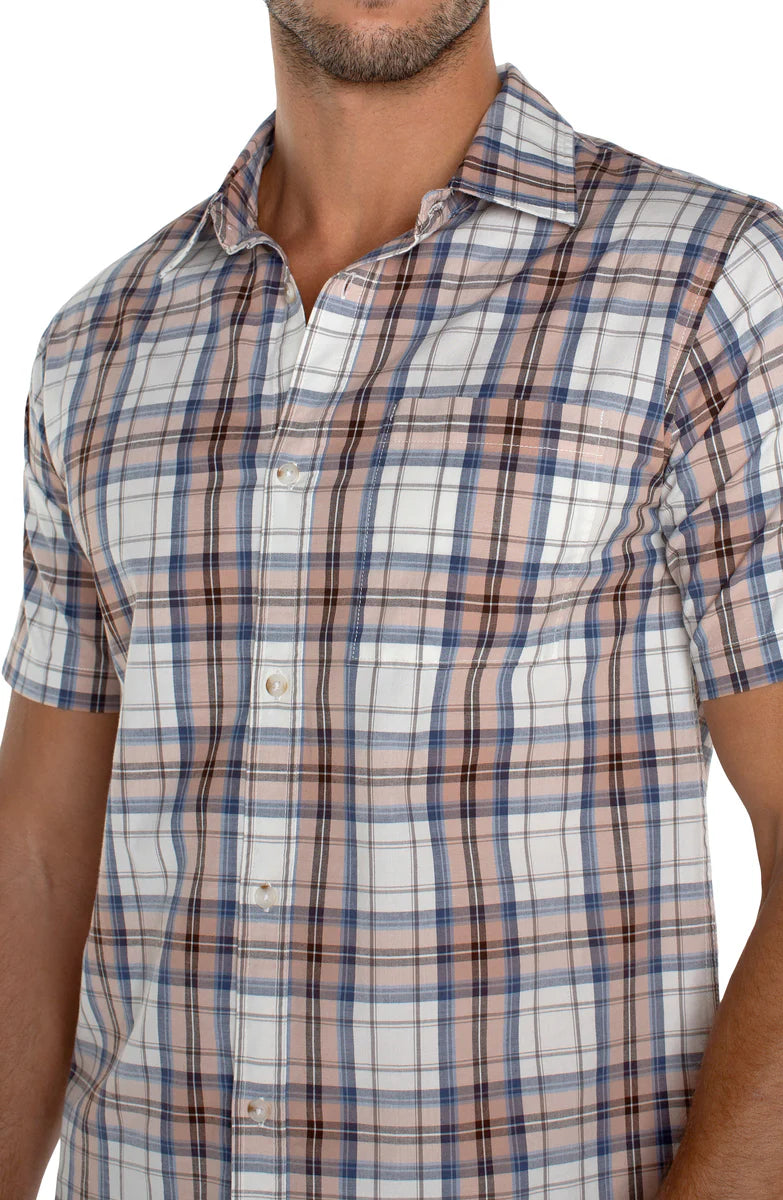 Short Sleeve Button Up Shirt in White Peach Multi