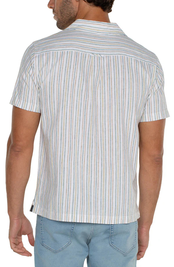 Short Sleeve  Button up Camp Shirt in White Aqua Multi Stripe