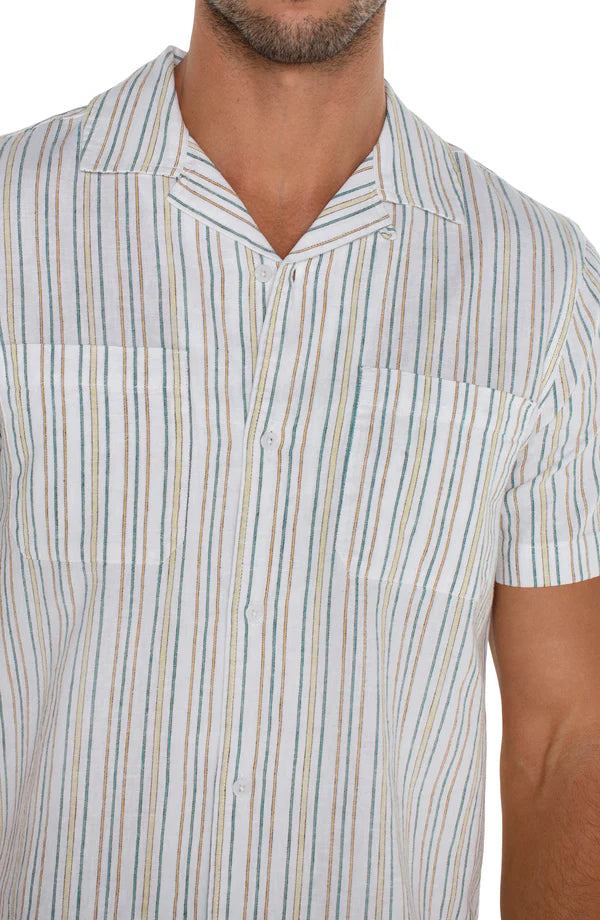 Short Sleeve  Button up Camp Shirt in White Aqua Multi Stripe