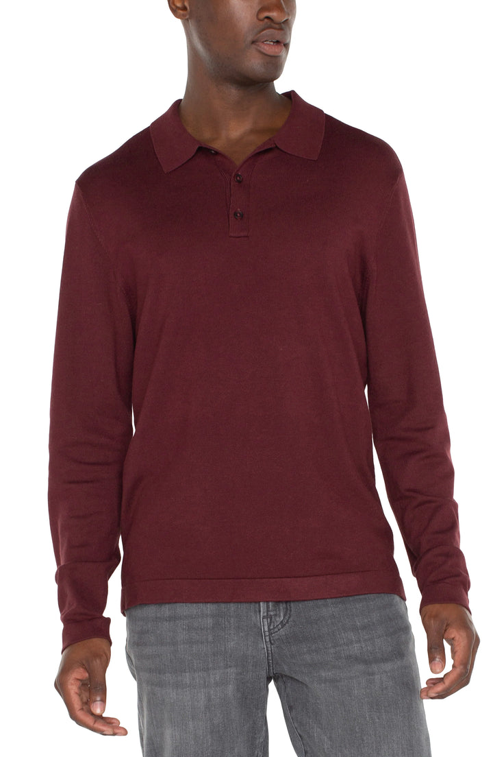 Long Sleeve Sweater Knit Polo in Burgundy