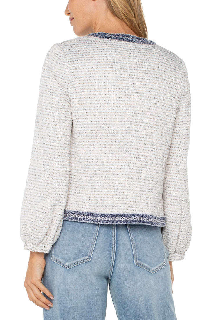 Cream Navy Boucle Collarless Frayed Jacket