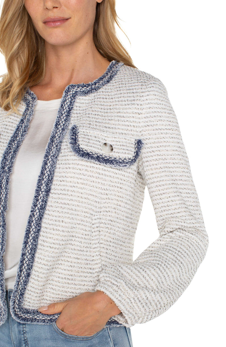 Cream Navy Boucle Collarless Frayed Jacket