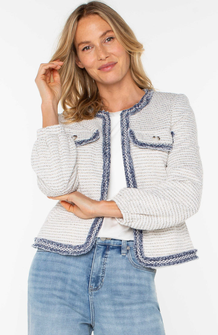 Cream Navy Boucle Collarless Frayed Jacket