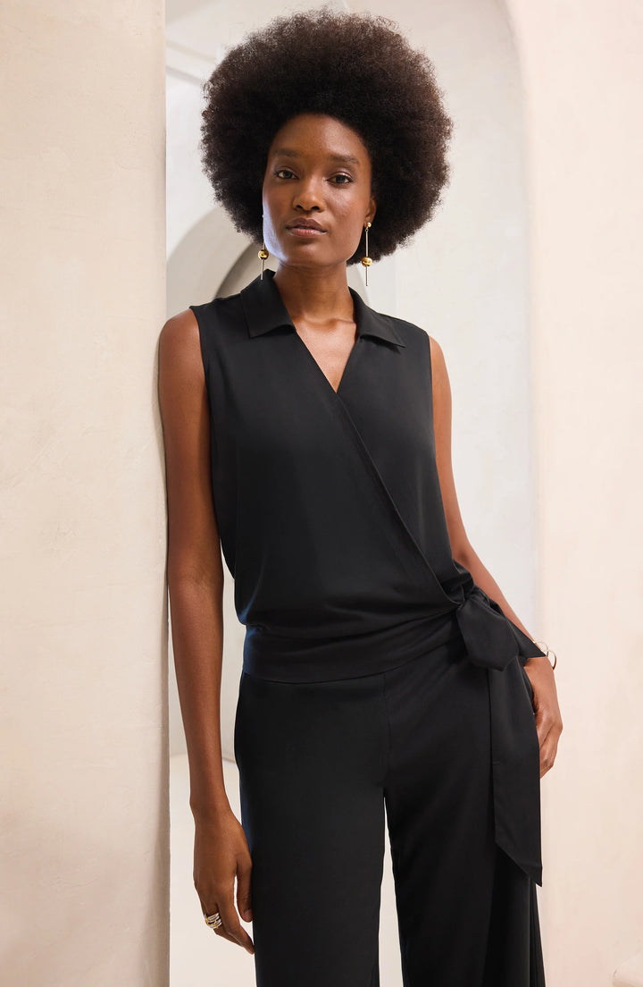 Black Self Tie Surplice Top