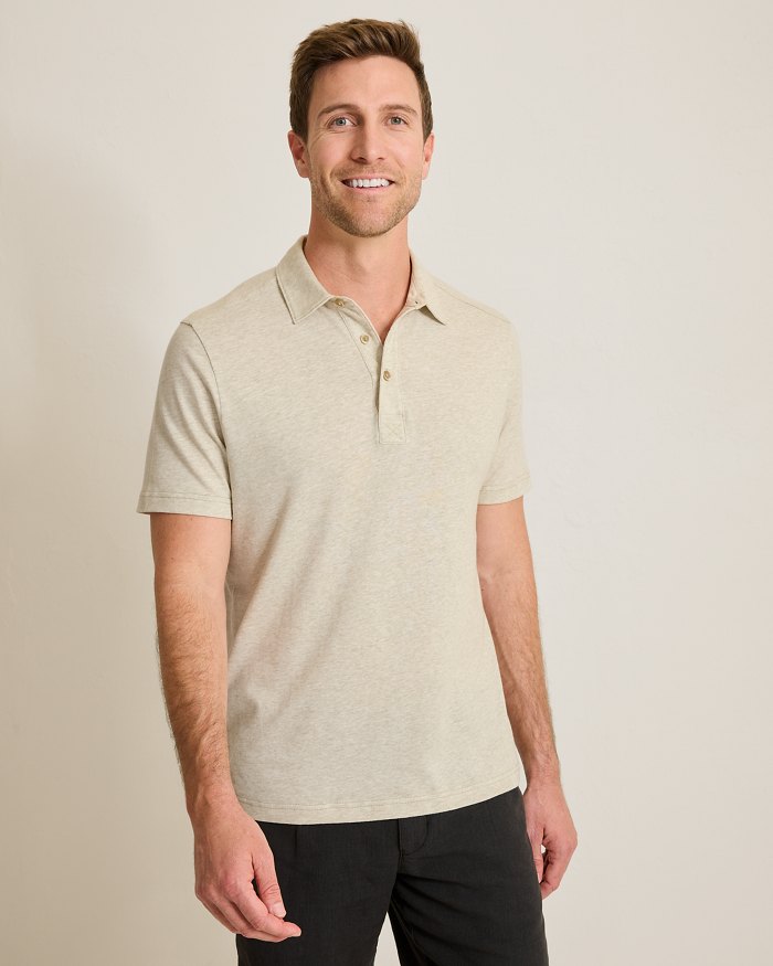 Laurito Beach Linen-Blend Polo in Khaki Heather