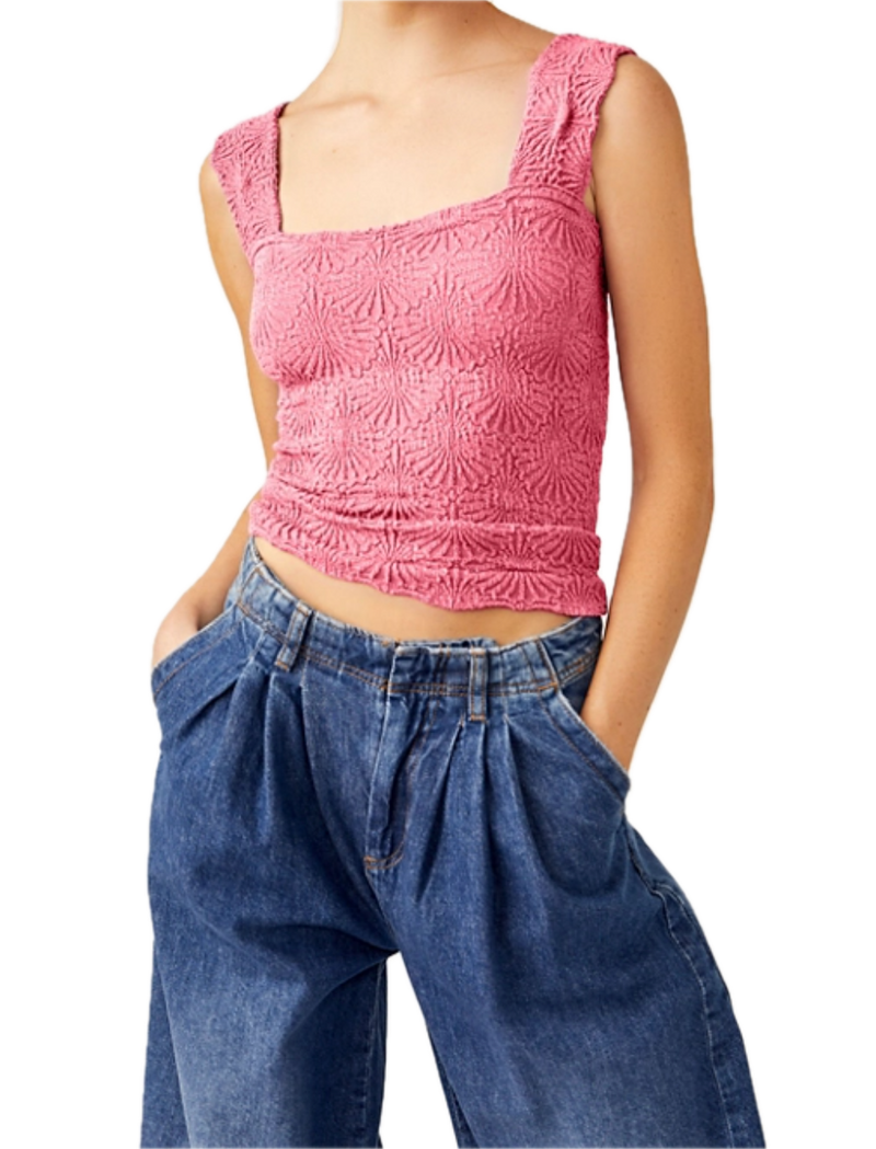 Love Letter Cami in Confetti by Free People, a cropped cami with a square-neck silhouette, jacquard floral design, lettuce-edge hemline, and wide straps.