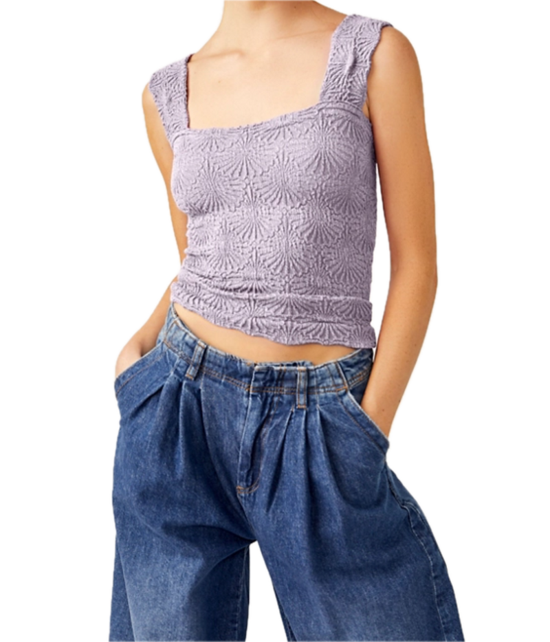 Love Letter Cami in Falling Petal by Free People, a cropped cami with a square-neck silhouette, jacquard floral design, lettuce-edge hemline, and wide straps.