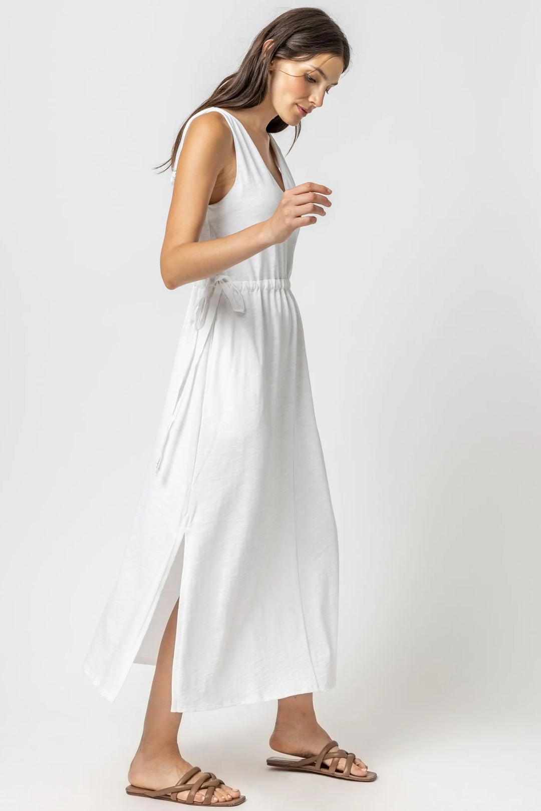 Drawcord Waist Maxi Dress in White