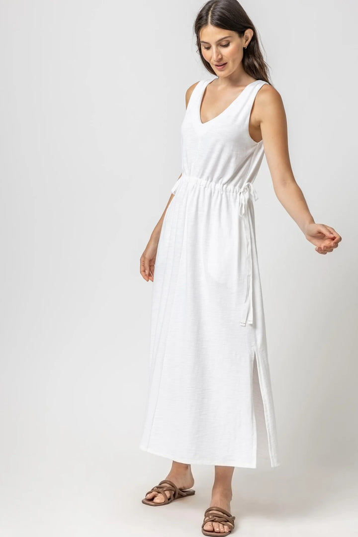 Drawcord Waist Maxi Dress in White - Madison's Niche 