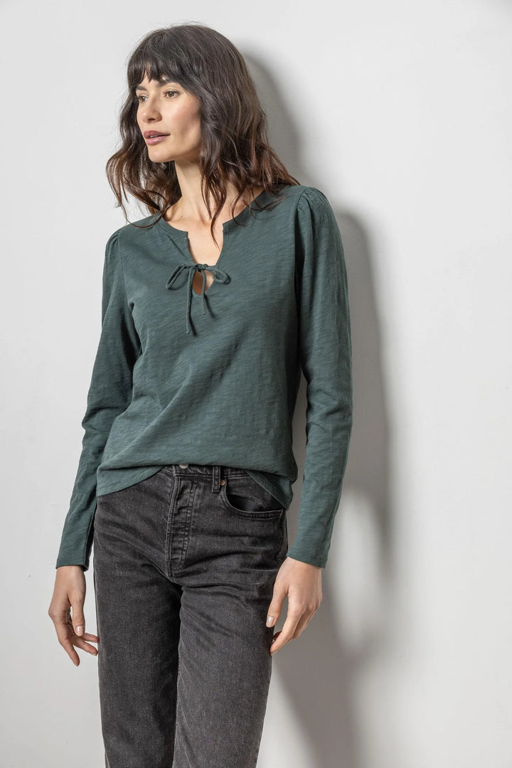 Tie Front Split Neck Tee in Evergreen