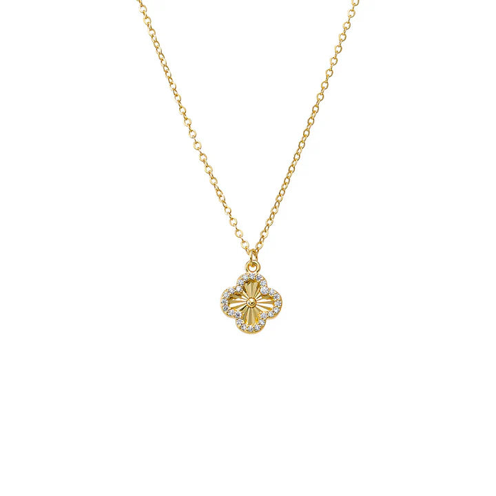 Pave Outlined Ridged Clover Pendant Necklace