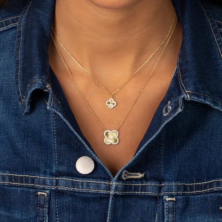 Pave Outlined Ridged Clover Pendant Necklace