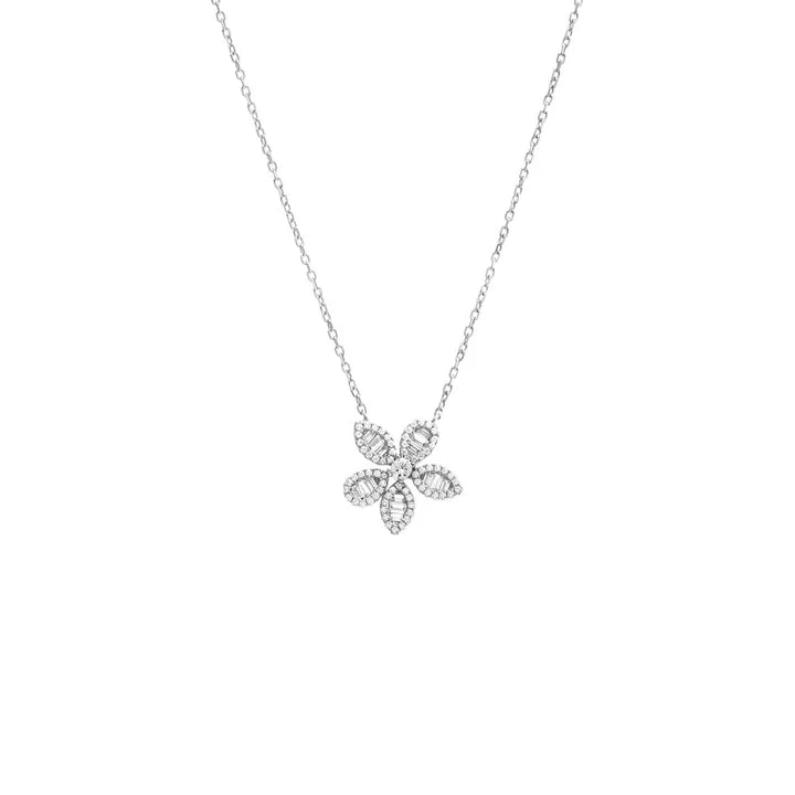 Pave x Baguette Fancy Flower Pendant Necklace in Silver