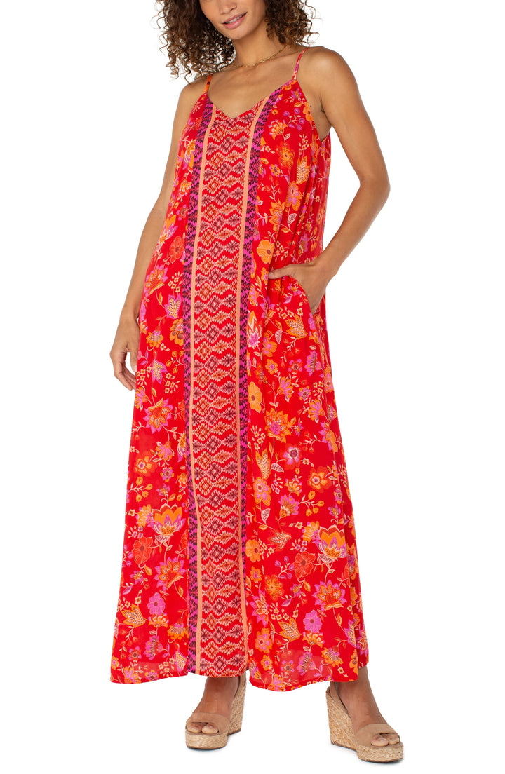 Spaghetti Strap Woven Maxi Dress in Red Orange Floral
