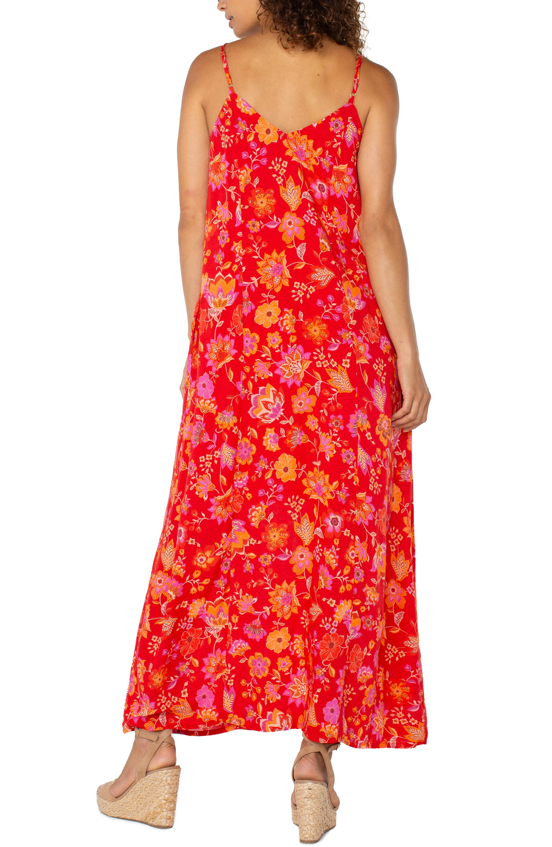 Spaghetti Strap Woven Maxi Dress in Red Orange Floral