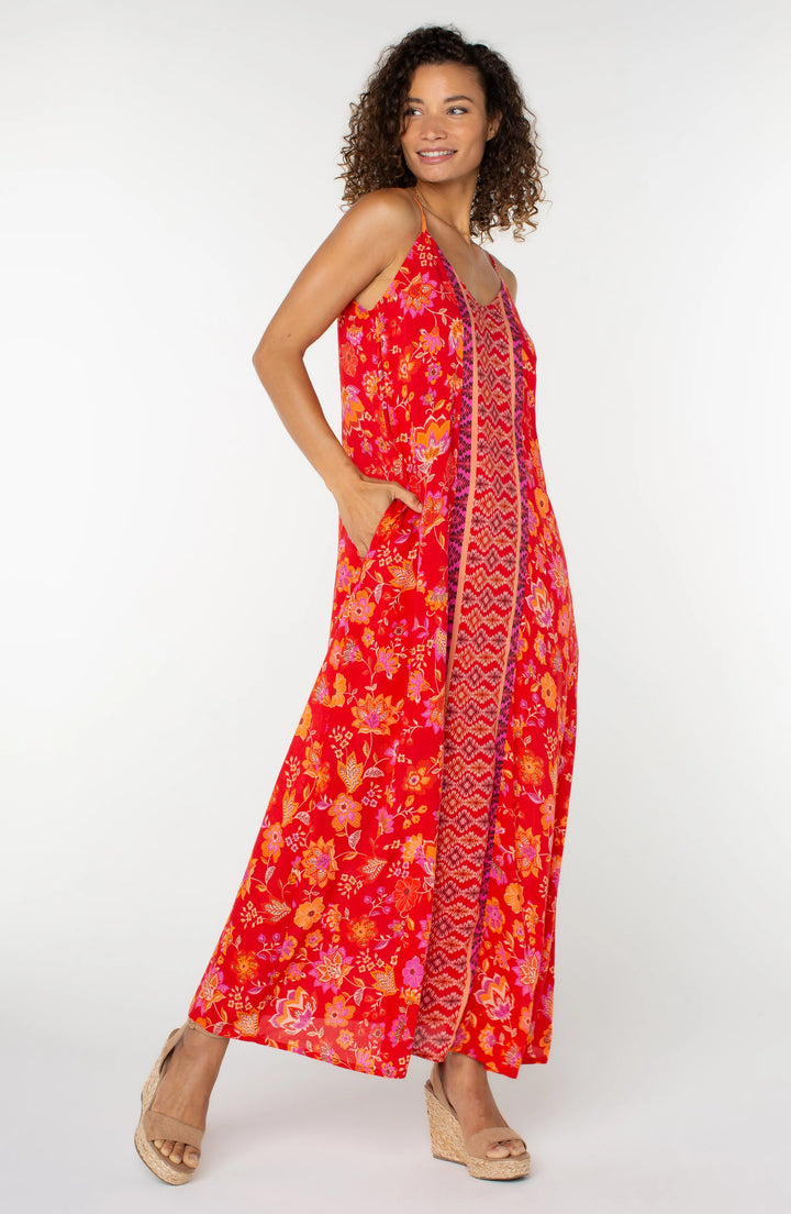 Spaghetti Strap Woven Maxi Dress in Red Orange Floral