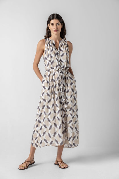 Split Neck Belted Maxi Dress in Neutral Ikat Print