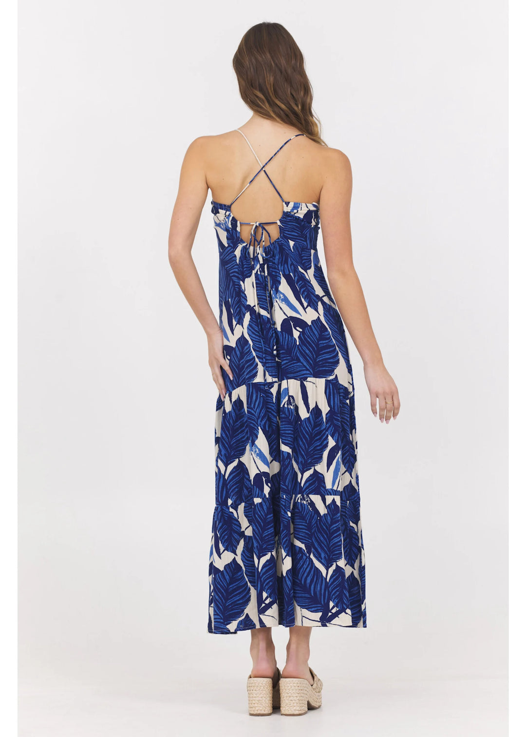 Tiered Blue Foliage Maxi Dress